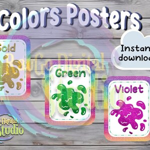 Puede incluir: Tres carteles de colores imprimibles con fondos de purpurina. Los carteles muestran las palabras "Oro", "Verde" y "Violeta" con una salpicadura del color correspondiente.