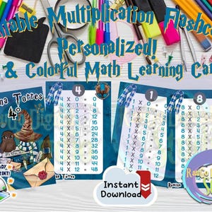 Puede incluir: Tarjetas de multiplicación imprimibles y personalizadas. Las tarjetas presentan ecuaciones matemáticas y gráficos coloridos. Incluye un icono de impresora y el texto "¡Listo para imprimir!"