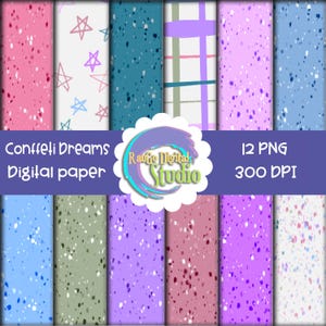 Puede incluir: Doce diseños de papel digital en una variedad de colores y patrones, incluyendo rosa, azul, verde y morado. Los patrones incluyen estrellas, lunares y cuadros. El texto "Confetti Dreams Digital Paper" y "Raffi Digital Studio" es visible en la imagen. El texto "12 PNG 300 DPI" también es visible.