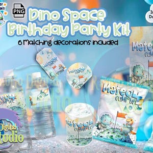 May include: A Dino Space Birthday Party Kit with matching decorations. The kit includes water bottle labels, chip bags, a tag, and a cup wrap, all featuring a dinosaur in a space suit. The design is in shades of blue, orange, and white.