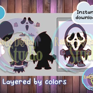 May include: Layered SVG cut file of a cartoon Ghostface character from the Scream movie franchise. The file is layered by colors for easy cutting and includes a white ghost, black eyes, a red mouth, and a black body.