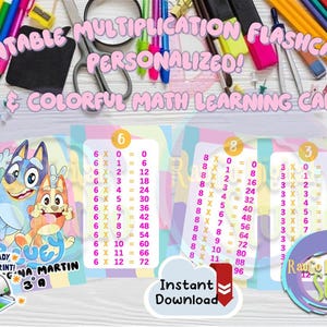 Puede incluir: Tarjetas de multiplicación imprimibles con diseños coloridos y el texto "Printable Multiplication Flashcards Personalized! Fun & Colorful Math Learning Cards." Las tarjetas incluyen tablas de multiplicación y personajes de dibujos animados.