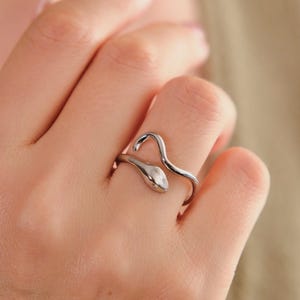 Könnte beinhalten: Ein silberner Schlangenring. Der Ring umschlingt den Finger, wobei Kopf und Schwanz der Schlange das Design bilden. Der Schlangenkopf hat ein kleines, detailliertes Gesicht. Der Ring wird an einer Hand getragen.