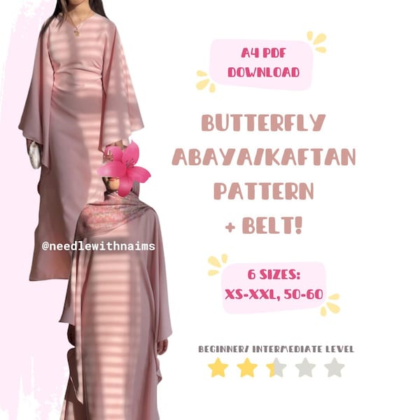 Modello di cucito PDF Abaya/caftano A4 farfalla/taglia XS - XXL/