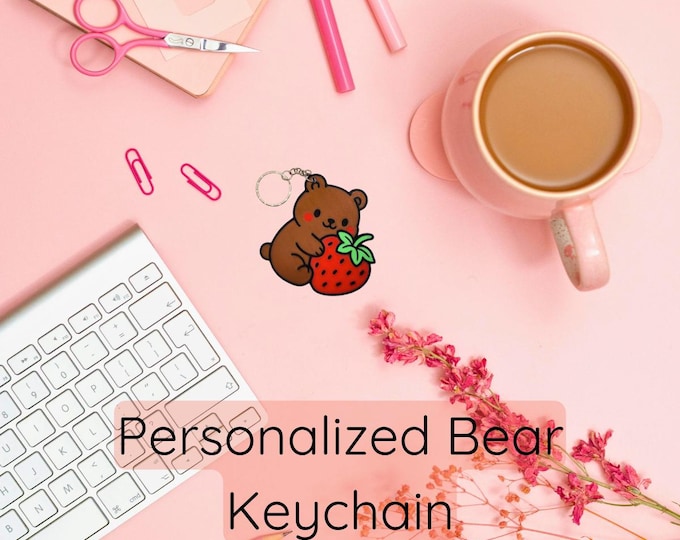 Personalized Bear & Strawberry Keychain with Initial Charm