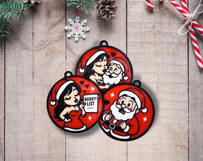 Naughty Christmas Couple Ornament Set | 3 Multi-Color STLs | Santa & Mrs. Claus Pin-Up Ornaments | CybrArts