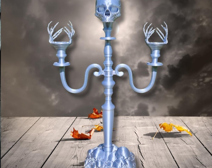 Gothic Skull & Skeleton Hands Candelabra | 20" Tall Halloween Candle Holder | Spooky Home Decor | Haunted House Centerpiece | Halloween