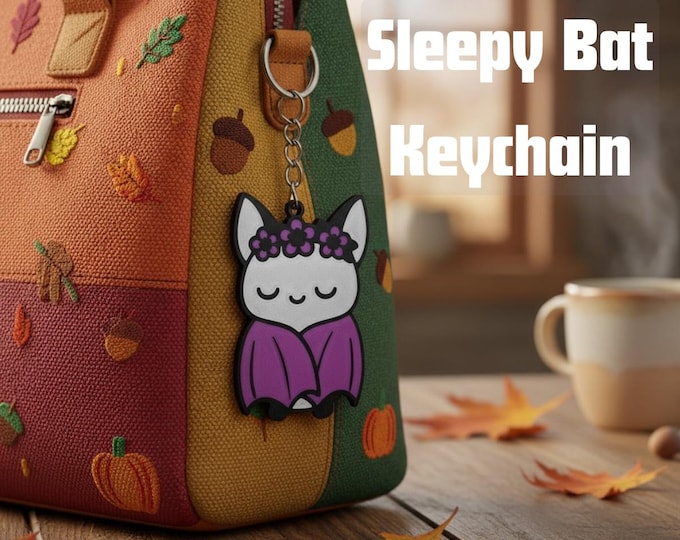 Cute Sleepy Bat Keychain with Flower Crown