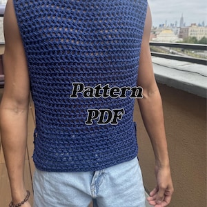 Patrón de camisa de crochet para hombre, camiseta de tirantes de crochet, manga corta, crochet de malla, todas las tallas