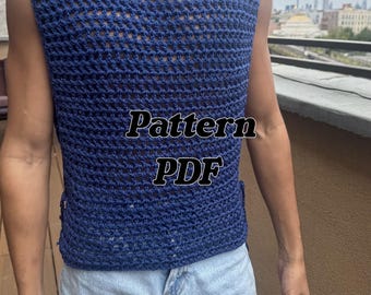 Modello per camicia all'uncinetto da uomo, canotta all'uncinetto, manica corta all'uncinetto, maglia a rete all'uncinetto, tutte le taglie