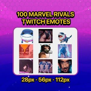 100 Marvel Rivals Twitch Emotes Pack. Animated Streamer Reactions featuring Jeff the Land Shark, Deadpool, and Spiderman