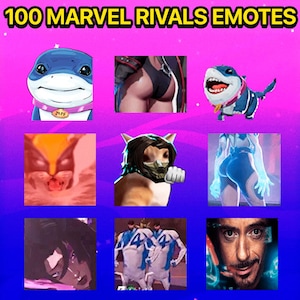 May include: A digital collection titled 100 MARVEL RIVALS EMOTES featuring a grid of nine distinct character icons. The images include a blue shark, a close-up of a figure in a black suit, a cartoon shark, a red-toned face, a masked figure, a blue-lit figure, a dark-haired character, two white-suited figures, and a man's face.