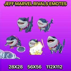 May include: Image featuring several cartoon shark emotes with blue and white coloring, wearing collars. The text "JEFF MARVEL RIVALS EMOTES" is at the top. The image also includes the dimensions 28x28, 56x56, and 112x112.