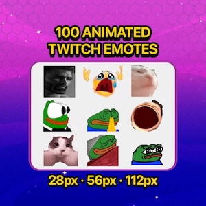 Paquete de 100 emoticonos de Twitch con reacciones animadas de memes para Discord y streamers de Kick. Gran paquete de recursos divertidos para el chat.