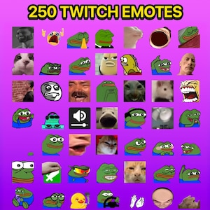May include: A collage of 250 Twitch emotes, featuring a variety of cartoon characters, including frogs, cats, and other animals. The emotes are arranged in a grid pattern on a purple background.