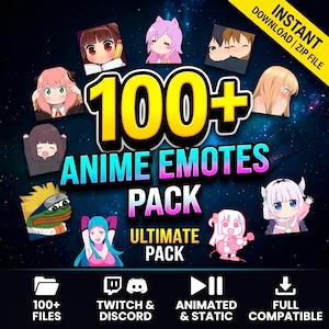 Op de afbeelding: Een digitale collectie van meer dan 100 anime-stijl emotes met diverse personages en uitdrukkingen. Het pakket bevat zowel statische als geanimeerde bestanden die compatibel zijn met Twitch en Discord, tegen een donkere ruimte-achtergrond.