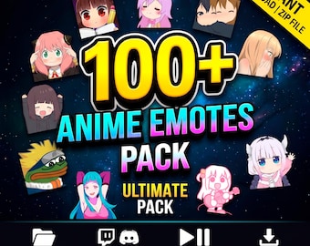 100 Anime Twitch Emotes Pack. Cute Kawaii Girls, Chibi and Funny Meme Reactions for Discord, Kick & VTubers. Animated Stream Assets Bundle