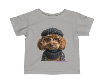 T-shirt en jersey fin pour bébé avec un chien caniche portant un béret.