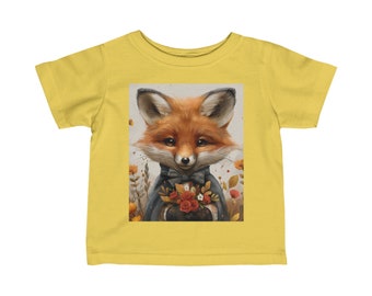 T-shirt en jersey fin pour bébé : un renard portant un nœud papillon et tenant un bouquet.