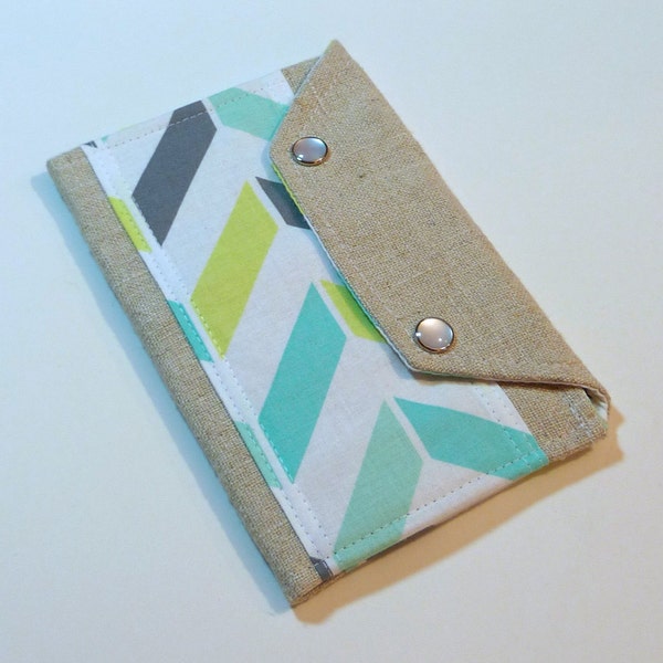 Passport Wallet Case Cover - In Touch Clutch for Moleskine, Passports Gray Pale Mint Green Teal Chevron Zig Zag