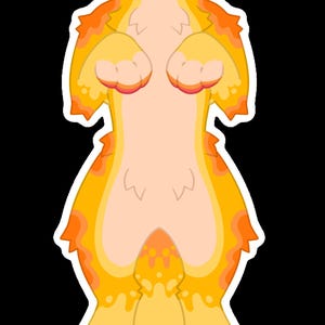 May include: A digital illustration of a cartoon creature with a yellow and orange color scheme. The creature has large red eyes, a pink tuft of hair, and a bandage on its snout. It is standing upright with its arms raised.