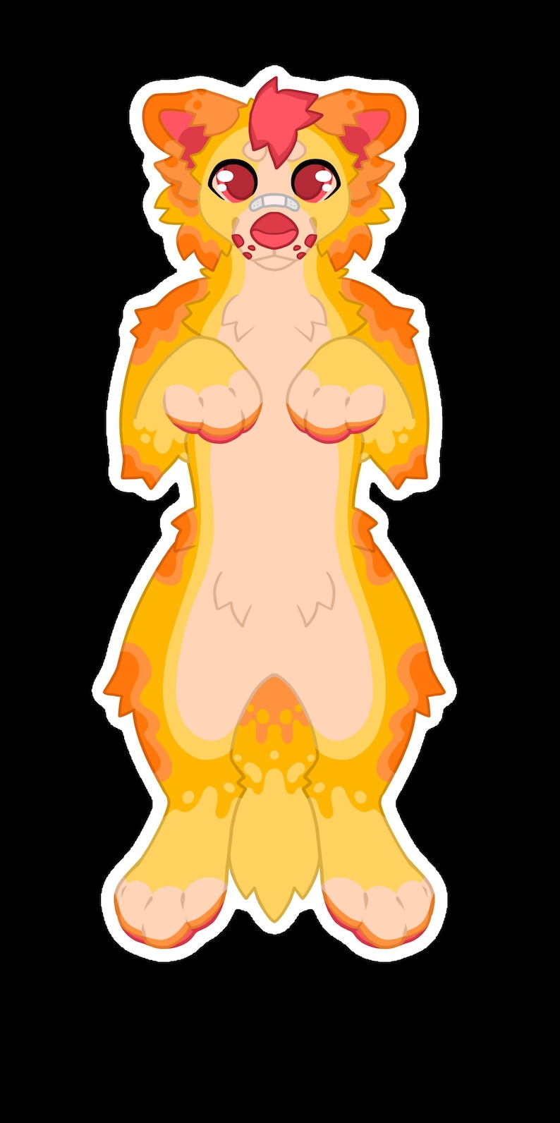 May include: A digital illustration of a cartoon creature with a yellow and orange color scheme. The creature has large red eyes, a pink tuft of hair, and a bandage on its snout. It is standing upright with its arms raised.