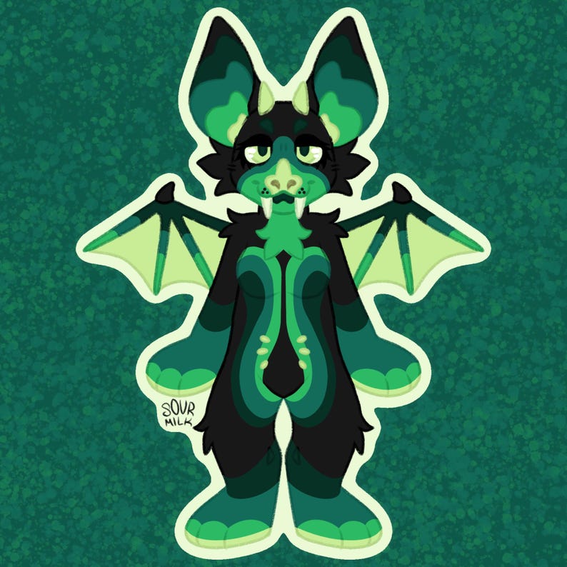 May include: A cartoon illustration of a bat-like creature in shades of green and black. The creature has large ears, wings, and a stylized body. The text "SOUR MILK" is visible near the bottom left corner. The background is a textured green.