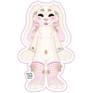 May include: A digital illustration of a cream-colored anthropomorphic rabbit with pink accents. The rabbit has pink strawberry-patterned ears, pink cheeks, and wears bracelets and fishnet stockings. The text "Base by: SOUR MILK" is at the bottom.