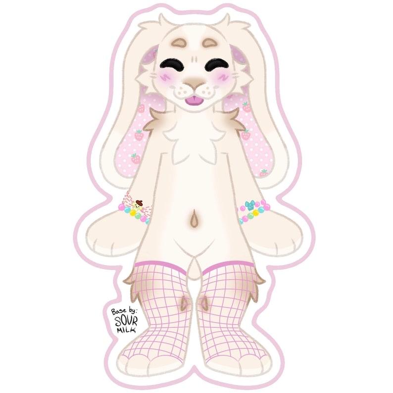 May include: A digital illustration of a cream-colored anthropomorphic rabbit with pink accents. The rabbit has pink strawberry-patterned ears, pink cheeks, and wears bracelets and fishnet stockings. The text "Base by: SOUR MILK" is at the bottom.