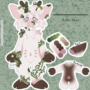 May include: A digital illustration of a Water Deer character with a white body, pink accents, and brown hooves. The deer is adorned with green vines and small white flowers. A color palette and backside view are also included.