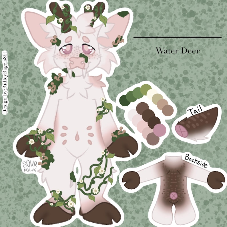 May include: A digital illustration of a Water Deer character with a white body, pink accents, and brown hooves. The deer is adorned with green vines and small white flowers. A color palette and backside view are also included.