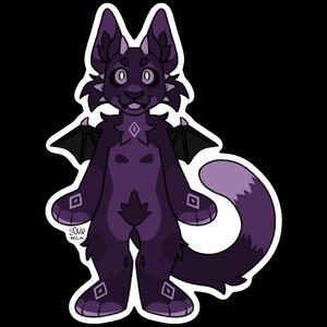 May include: A purple cartoon character with a wolf-like appearance, featuring diamond-shaped markings and small bat wings. The character has a fluffy tail and is set against a black background. The text "SOUR MILK" is visible.