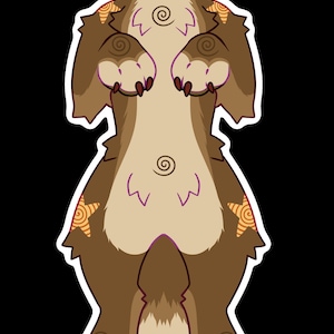 May include: A digital illustration of a furry creature with brown fur, a light tan belly, and a dark red mane. The creature has a star-shaped design on its forehead and shoulders, with spiral designs throughout.