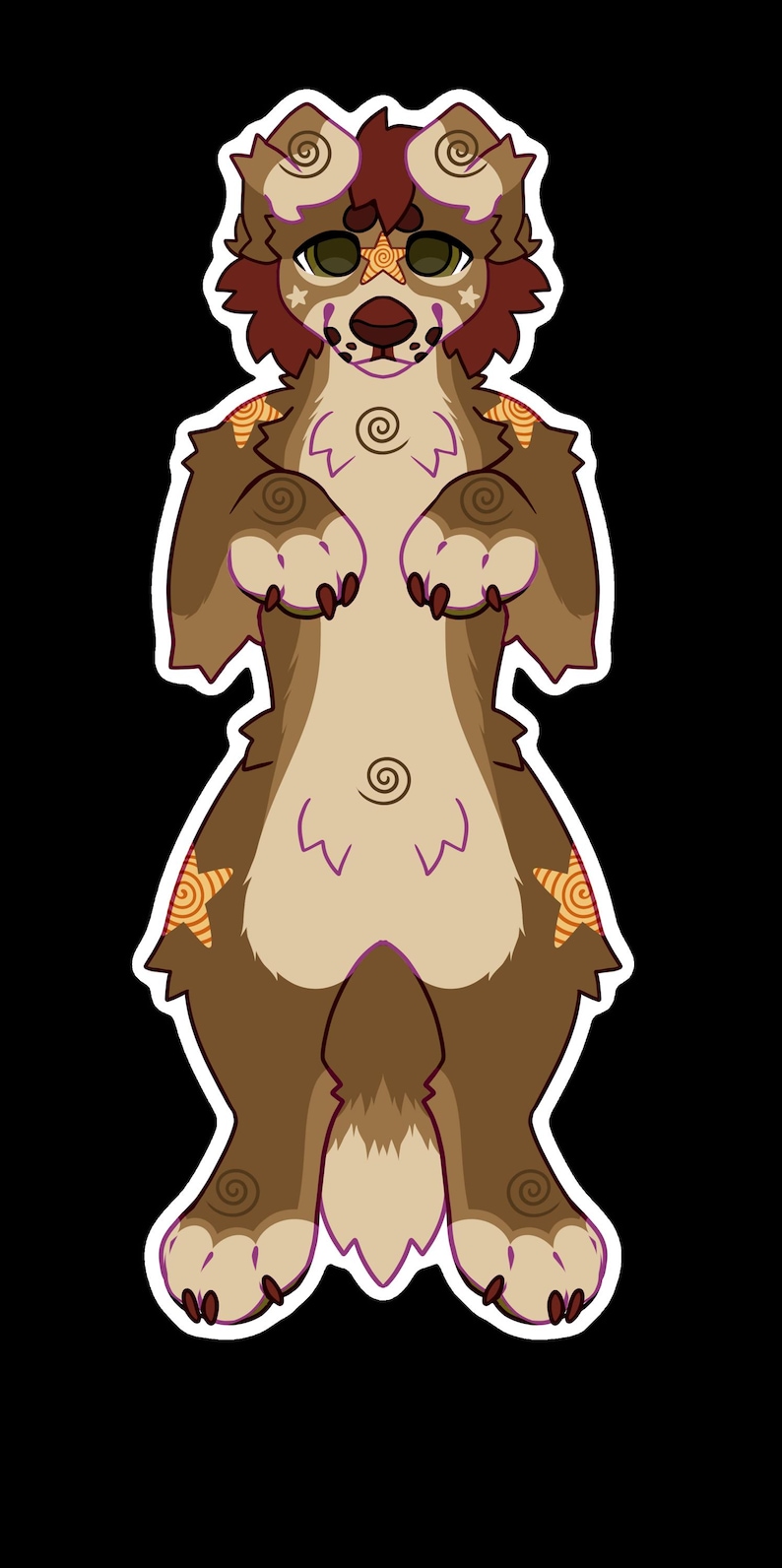 May include: A digital illustration of a furry creature with brown fur, a light tan belly, and a dark red mane. The creature has a star-shaped design on its forehead and shoulders, with spiral designs throughout.