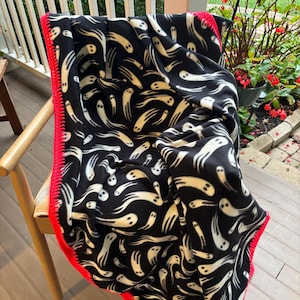 The Scream - Crochet Edge Fleece Throw - Halloween Collection- Ghost Print with Diva Pink Crochet Edge