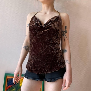 Y2K Velvet Halter Top: Brown Cowl Neck Silk Blend, Laundry by Shelli Segal (M)
