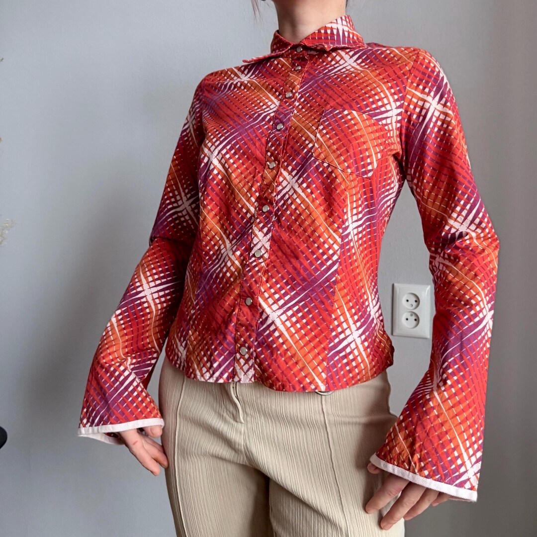 Y2K Geometric Button Shirt Red Orange Purple Check Print Fitted Blouse ...