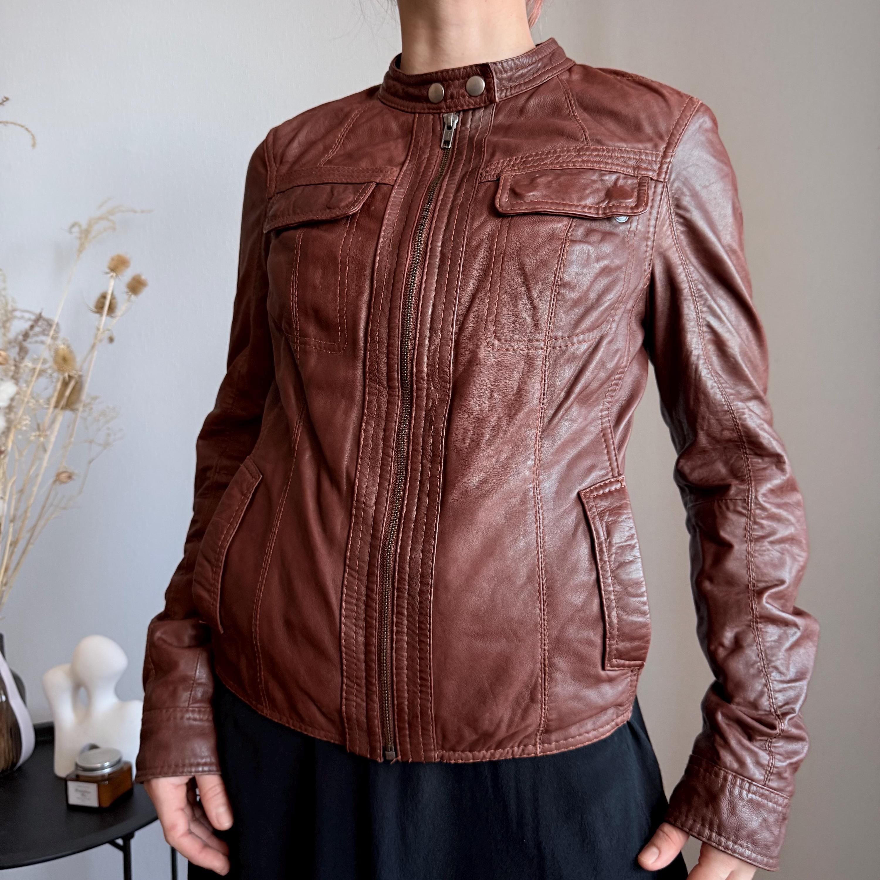 Vintage 100% Leather Jacket Brown Women's Fitted Moto Biker Zip
