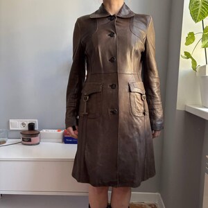 Vintage Karen Millen Brown Leather Coat Fitted 90s Designer Jacket Real Leather Midi (XS–S) image 2