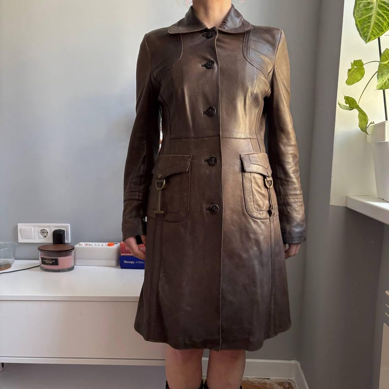 Vintage Karen Millen Brown Leather Coat Fitted 90s Designer Jacket Real Leather Midi (XS–S) image 2