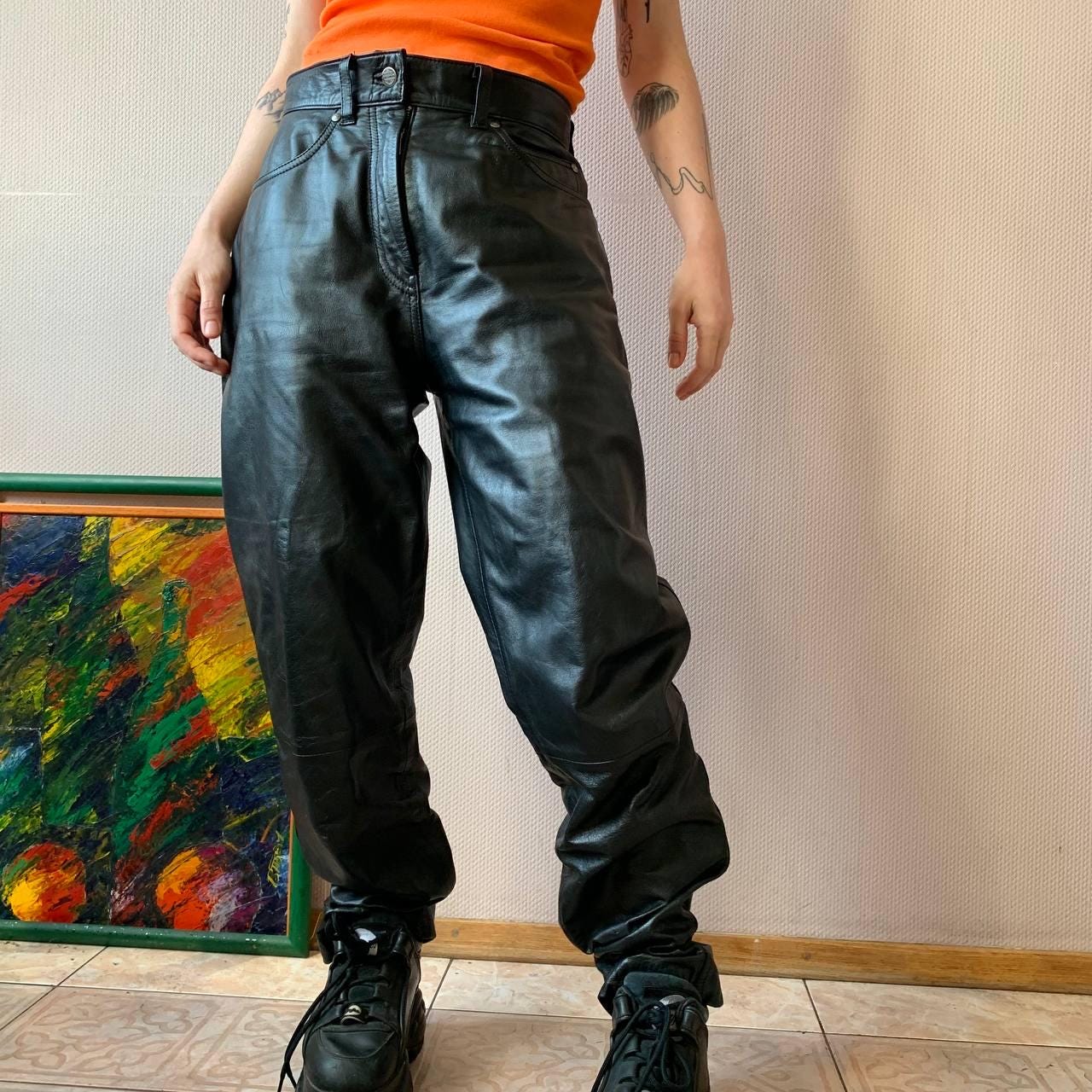 パンツ y2k archive 00s flare leather pants BLK Vintage Y2K Black Genuine Leather Pants - Imber Vintage