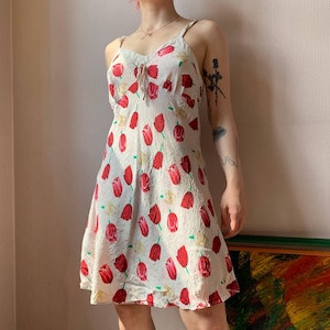 Vintage Silk Tulip Slip Dress: Y2K Floral Print Fairycore