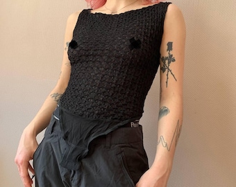 Stunning vtg 90s Gothic ruffled transparent mesh bodysuit