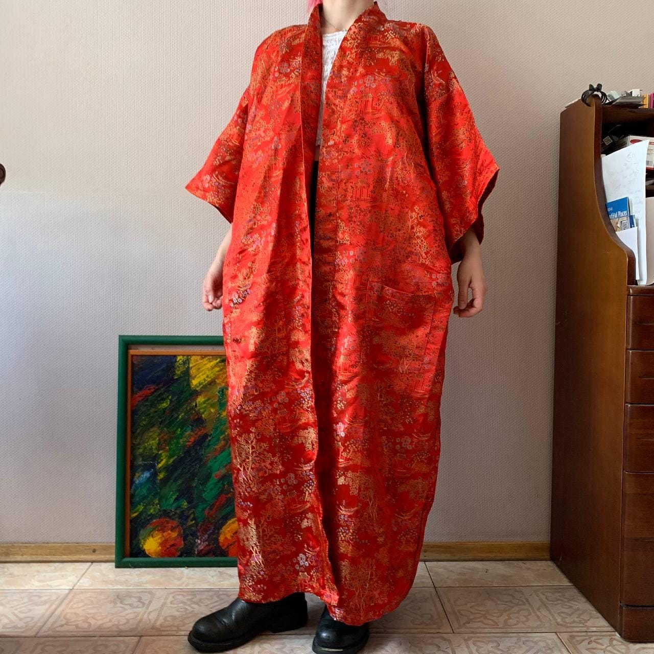 Vintage Red Thai Silk Brocade Kimono Robe: Boho Festival Duster
