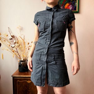 Bench Checked Grey Shirt Dress XS  Y2K Utility Mini Dress, Short Sleeve  Button Up, Pockets, Fitted Grunge Streetwear 100% Cotton - Etsy
