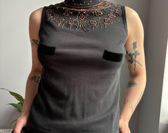 Top sin mangas con cuello alto y cuentas, estilo años 20, talla S
