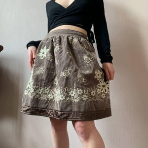 Just Cavalli 90s Brown Corduroy Skirt with Cream Floral Embroidery