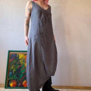 Vintage Linen balloon Avant Garde Dress, Minimalist Sleeveless Gray Midi, Cottagecore Streetwear, Artisanal Lagencore, Y2K Grunge, Boho