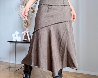 Y2K Clockhouse Brown Checked Asymmetric Maxi Skirt – Grunge