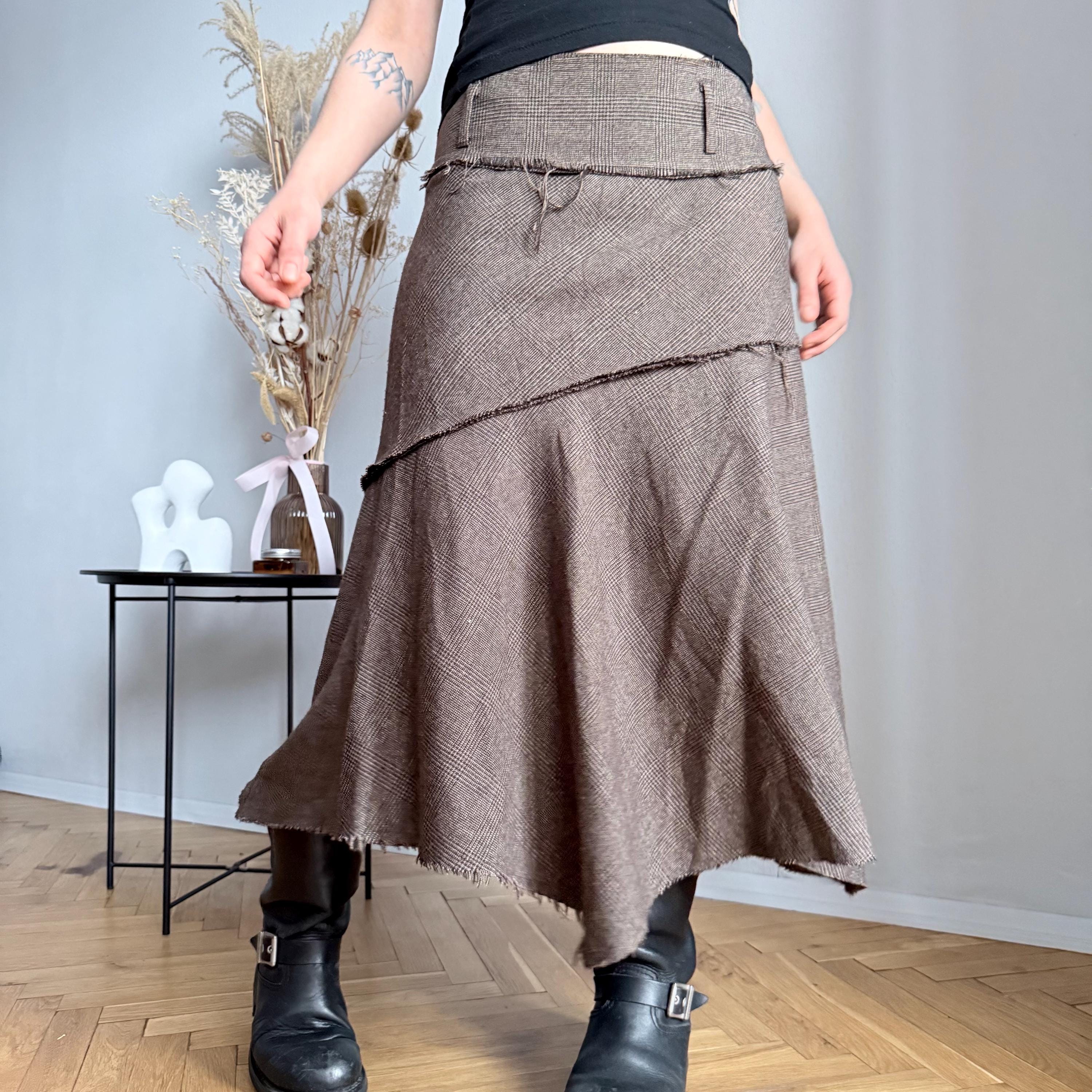 Y2K Clockhouse Brown Checked Asymmetric Maxi Skirt – Grunge